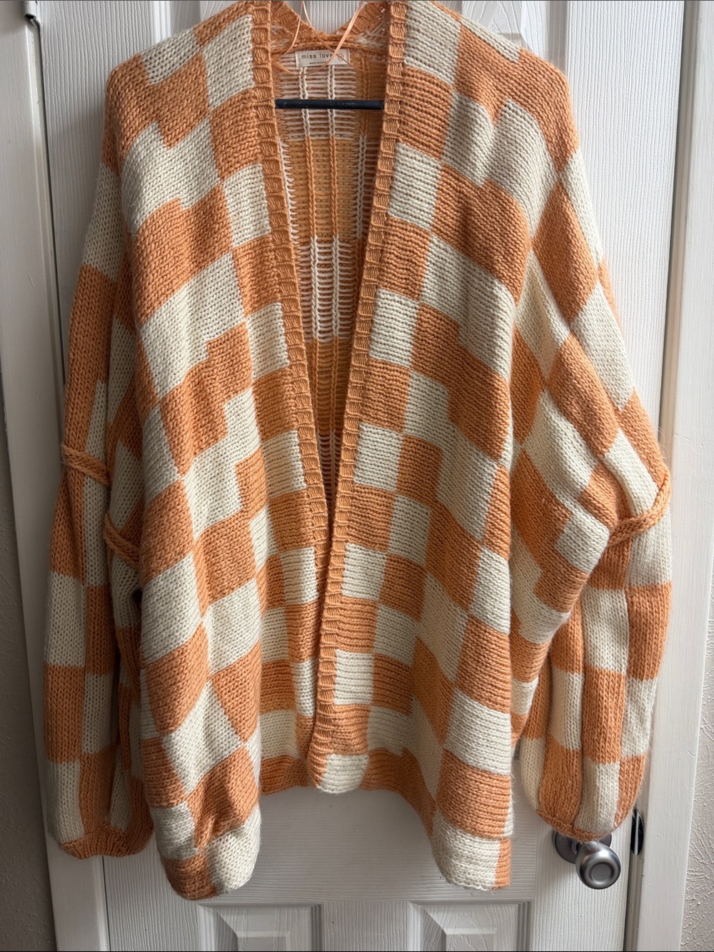 Open-Front Checkered Cardigan Sweater in Peach and Cream
